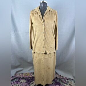90s Y2K Vtg Soft Suede Touch Liz Claiborne Casual Skirt Set Beige Tan Petite Sm